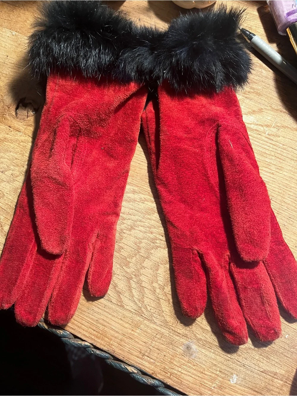 Genuine, red suede leather with rabbit fur!!